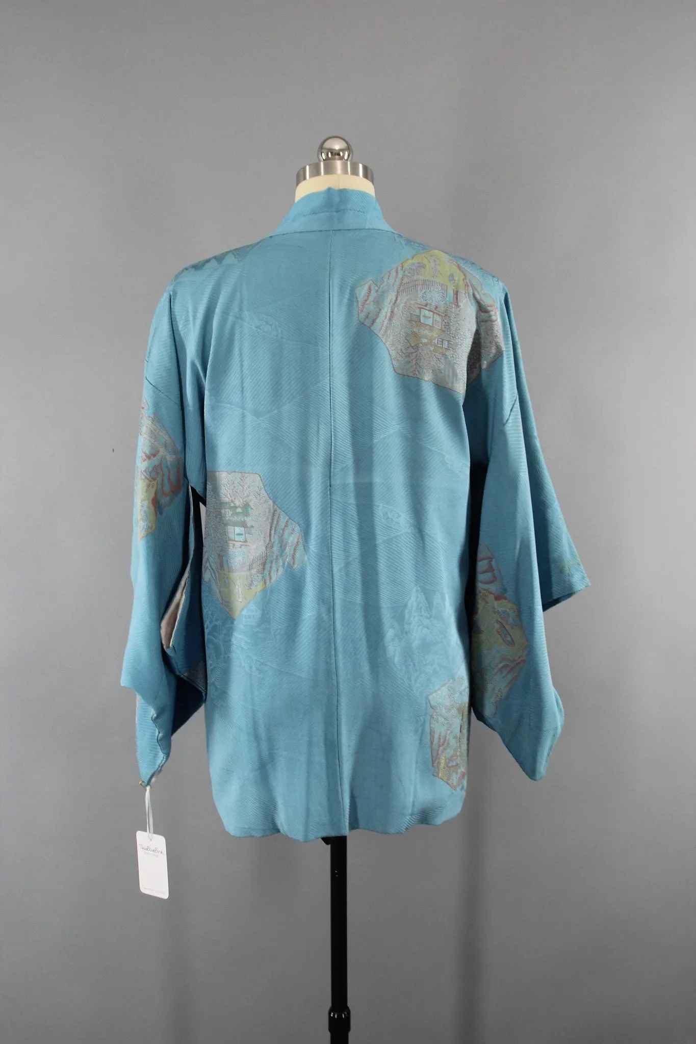 1950s Vintage Vintage Silk Haori Kimono Jacket Cardigan with Blue Urushi Embroidery