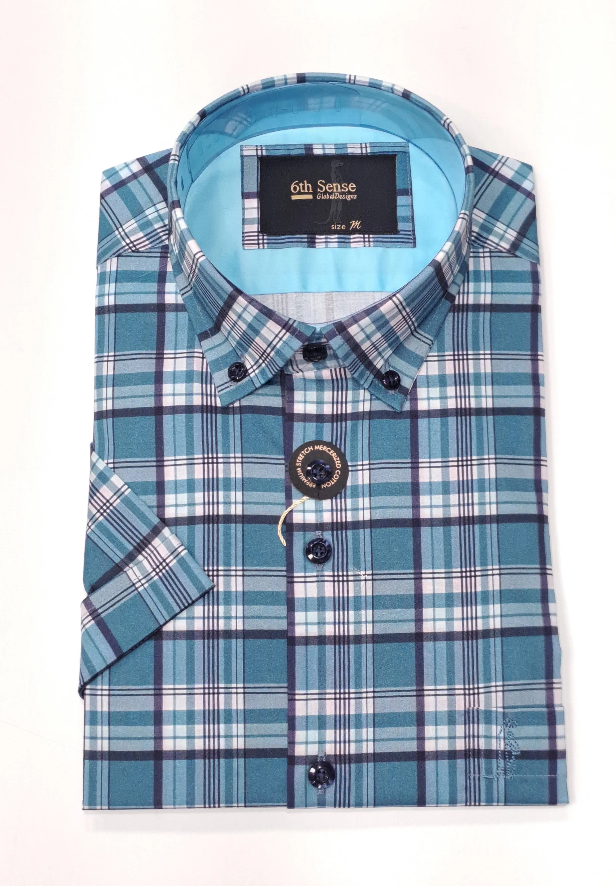 6th Sense Short Sleeve Checked Casual Shirt - Teal