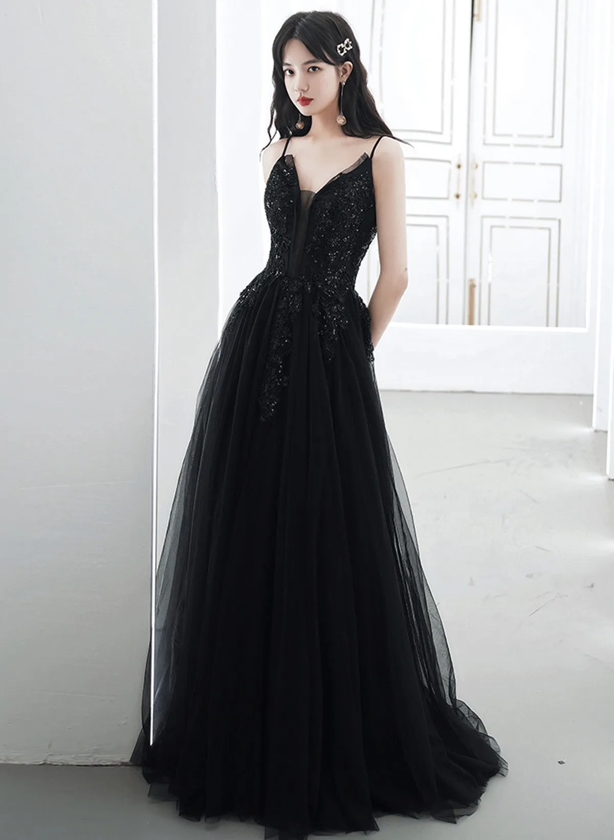 A-line Black Tulle V-neckline Straps Long Party Dress, Black Tulle Prom Dress