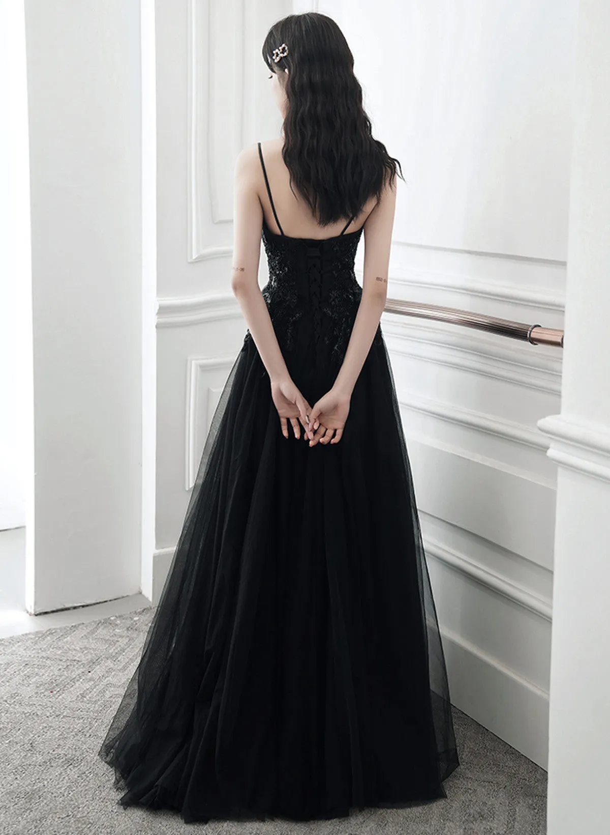 A-line Black Tulle V-neckline Straps Long Party Dress, Black Tulle Prom Dress