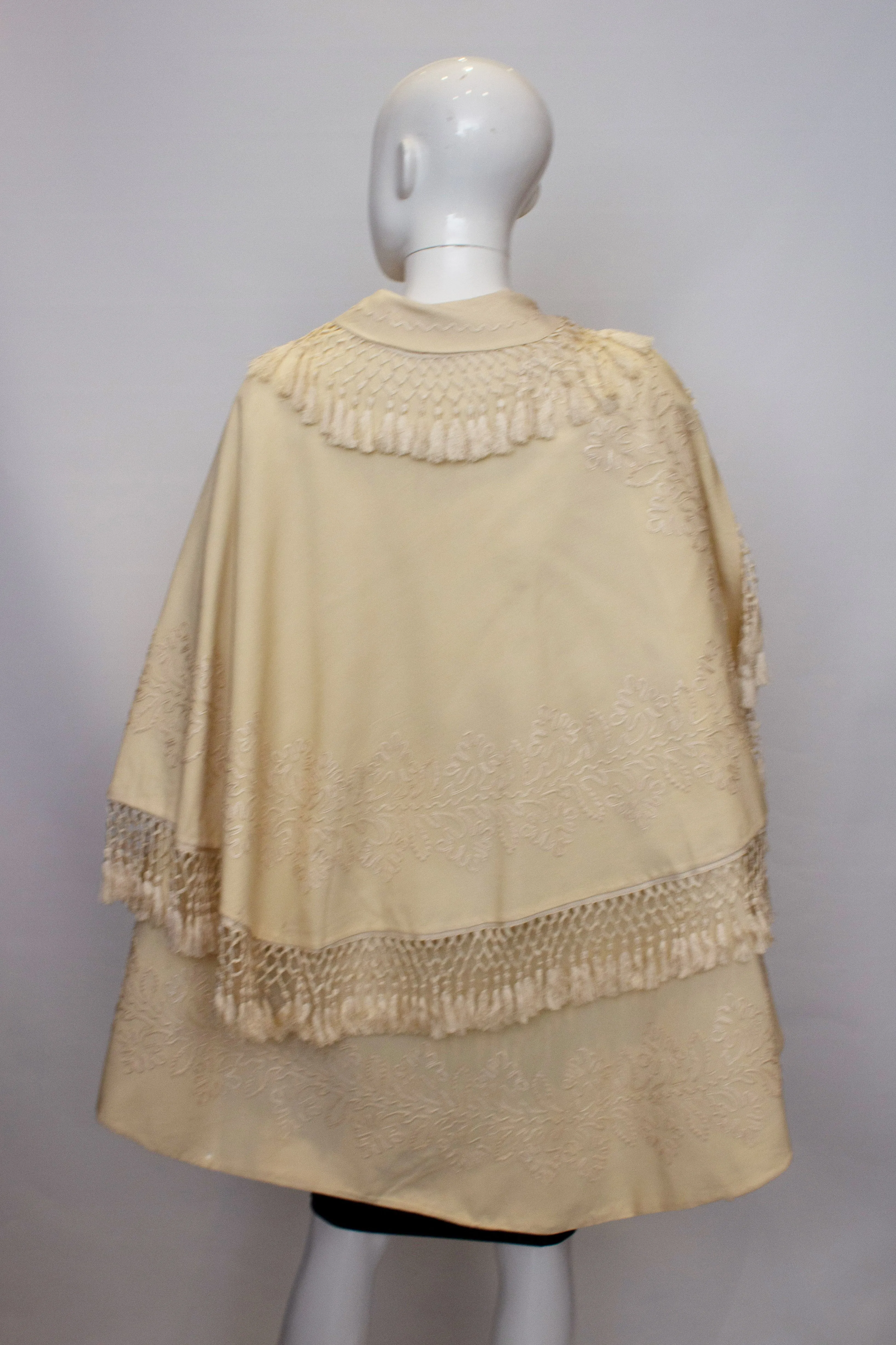 A Vintage edwardain White Wool Cape with Embroidery and Fringing