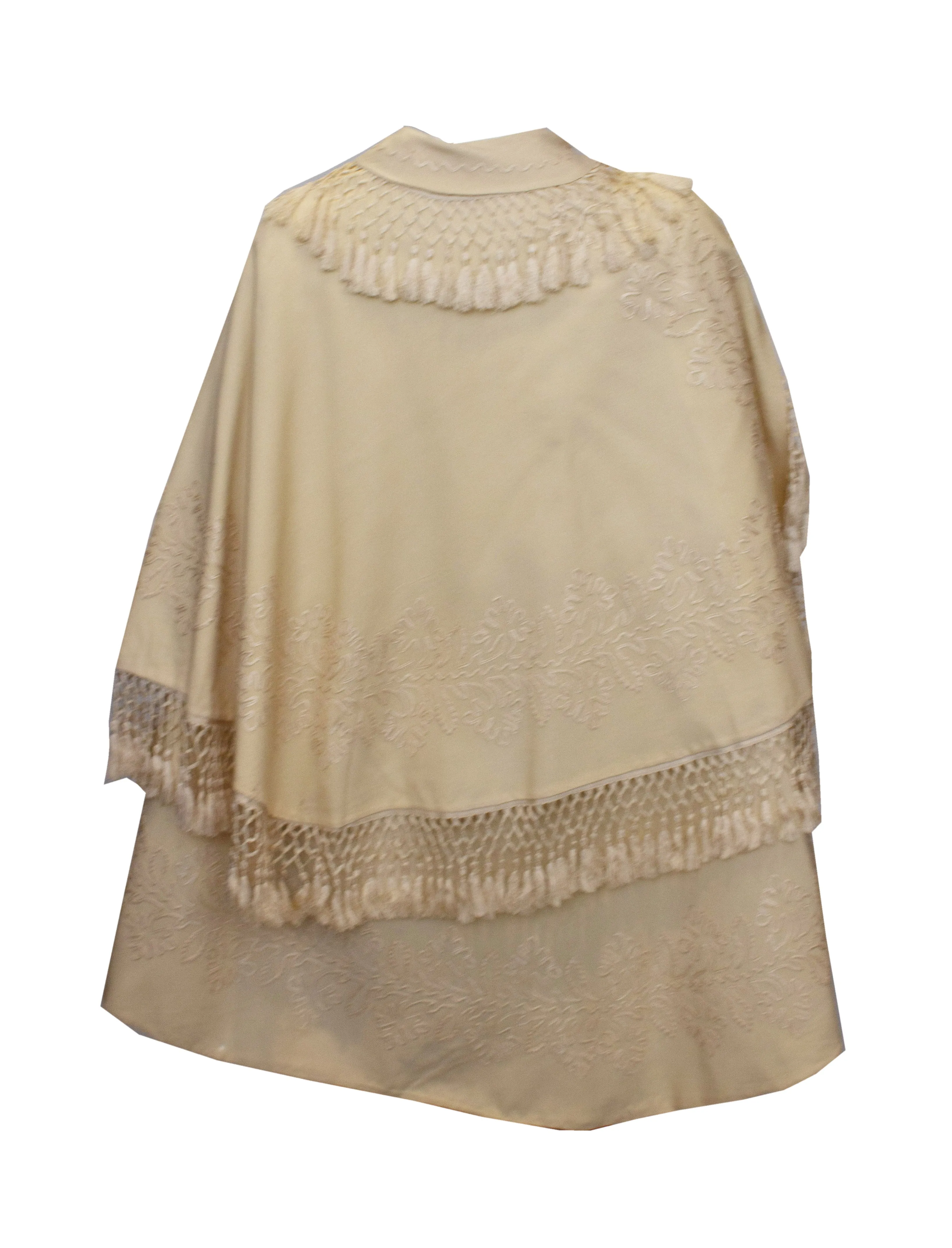 A Vintage edwardain White Wool Cape with Embroidery and Fringing