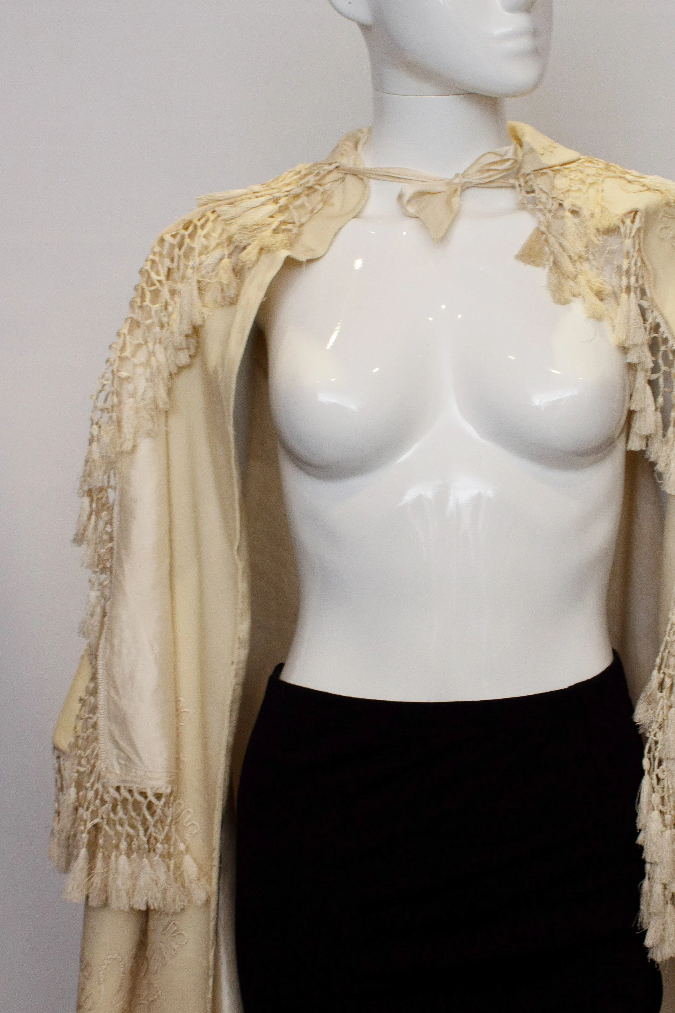 A Vintage edwardain White Wool Cape with Embroidery and Fringing