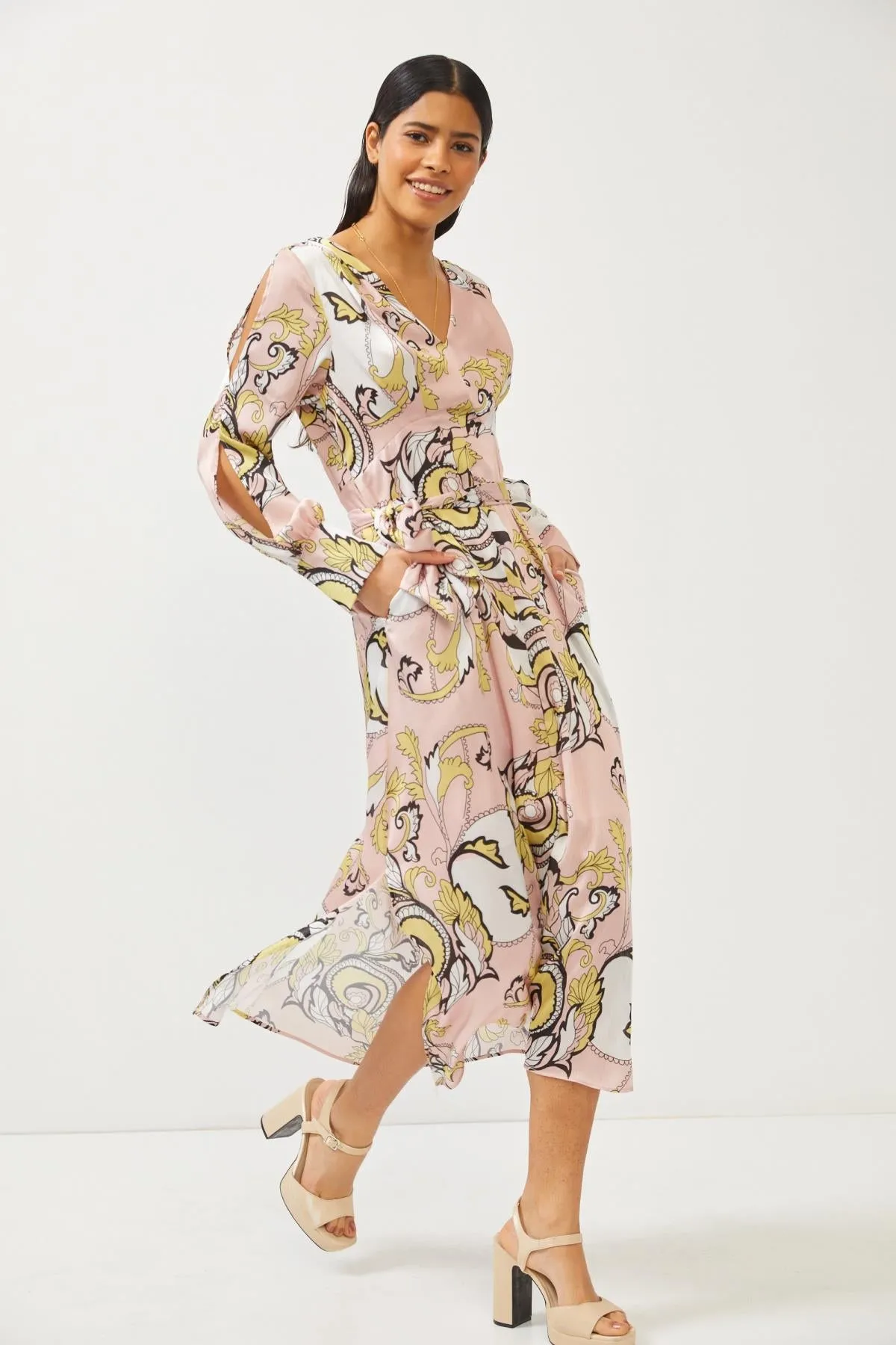 Abstract Print Powder Pink Cut Out Detail Long Sleeve Maxi Dress