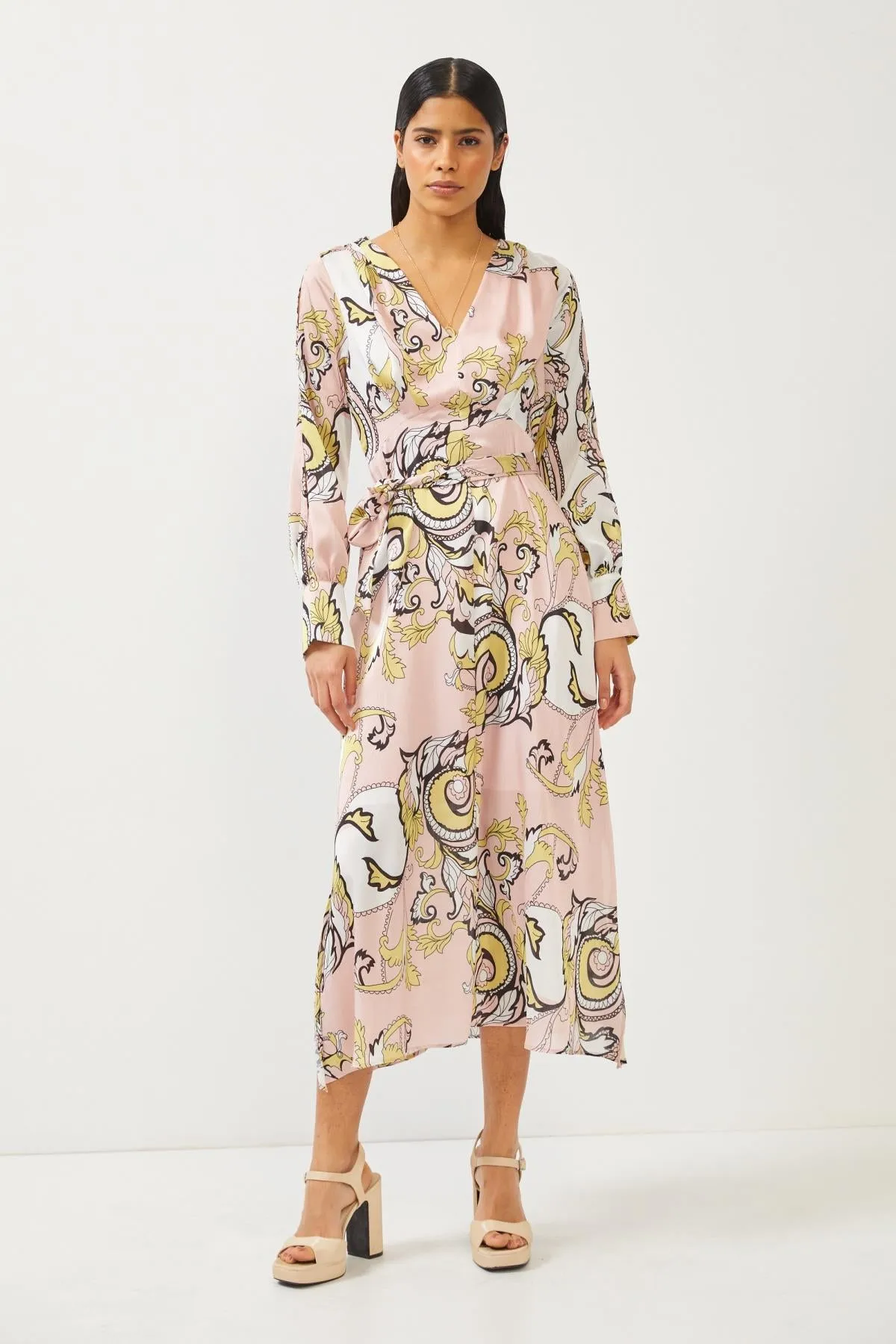 Abstract Print Powder Pink Cut Out Detail Long Sleeve Maxi Dress