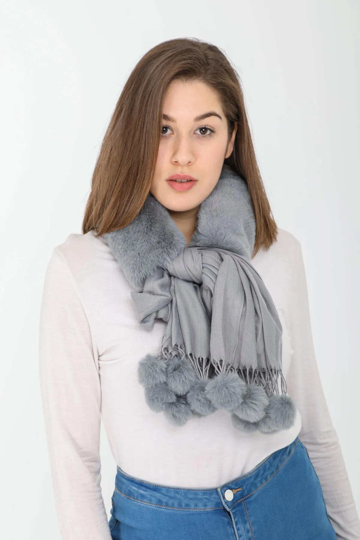 Alannah Grey Fur Collar Scarf with Pom Tassel