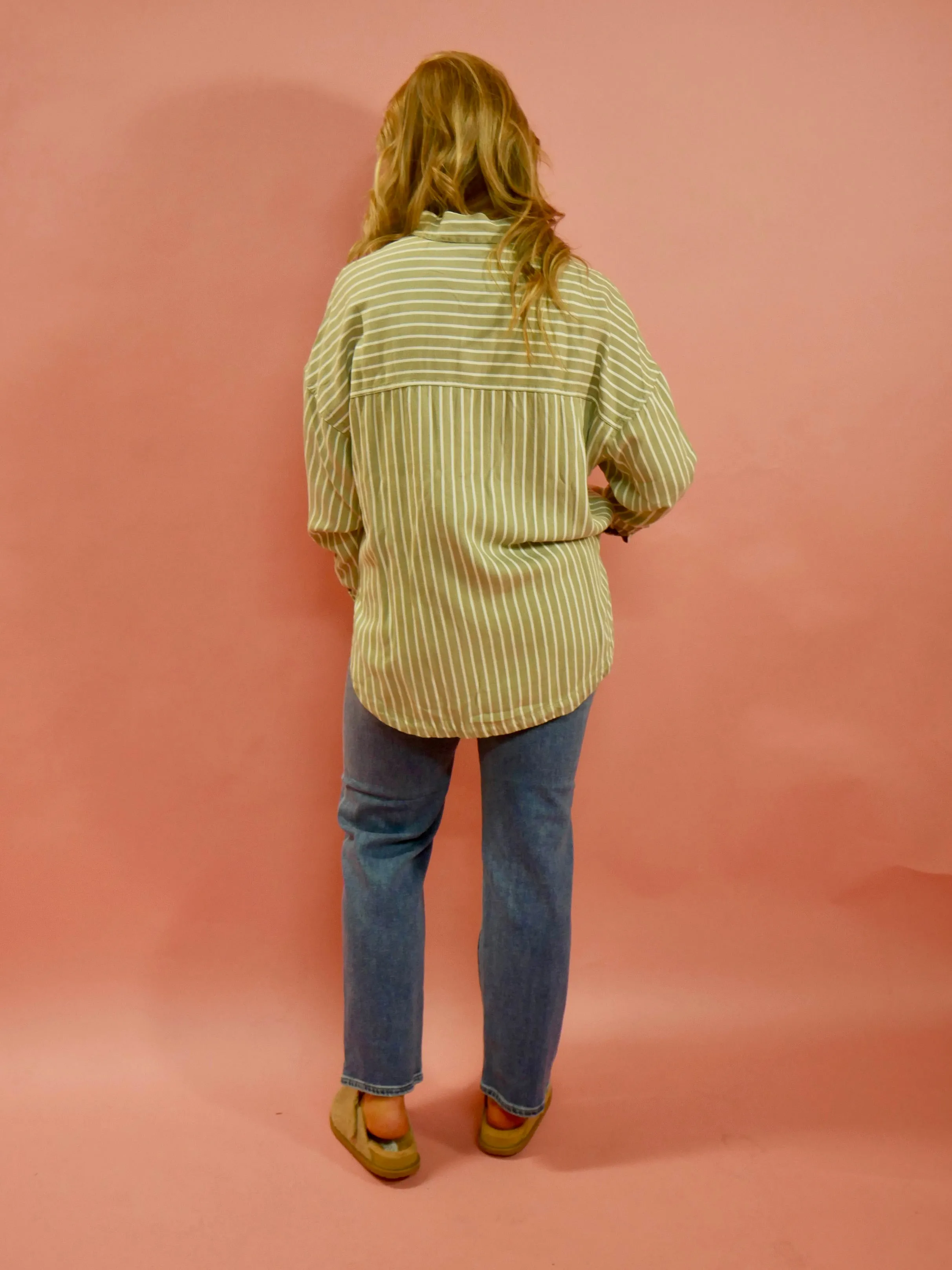 Amelia Long Sleeve Striped Button Down Top in Olive