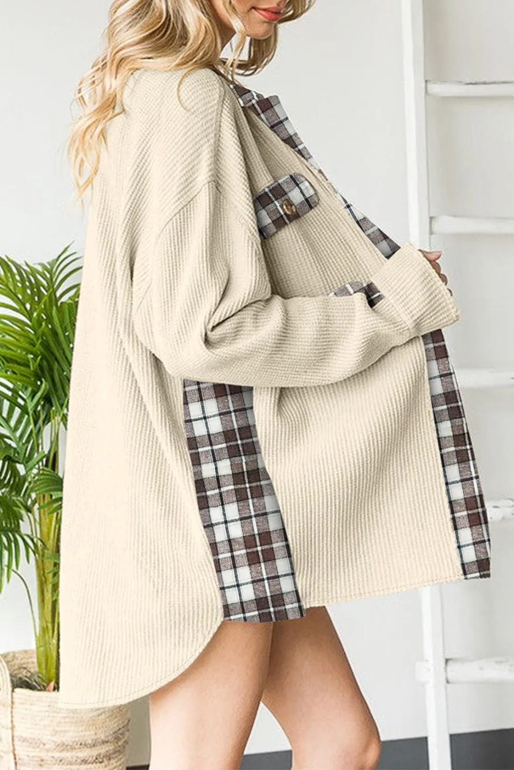 Apricot Plaid Patchwork Waffle Thermal Knit Shacket