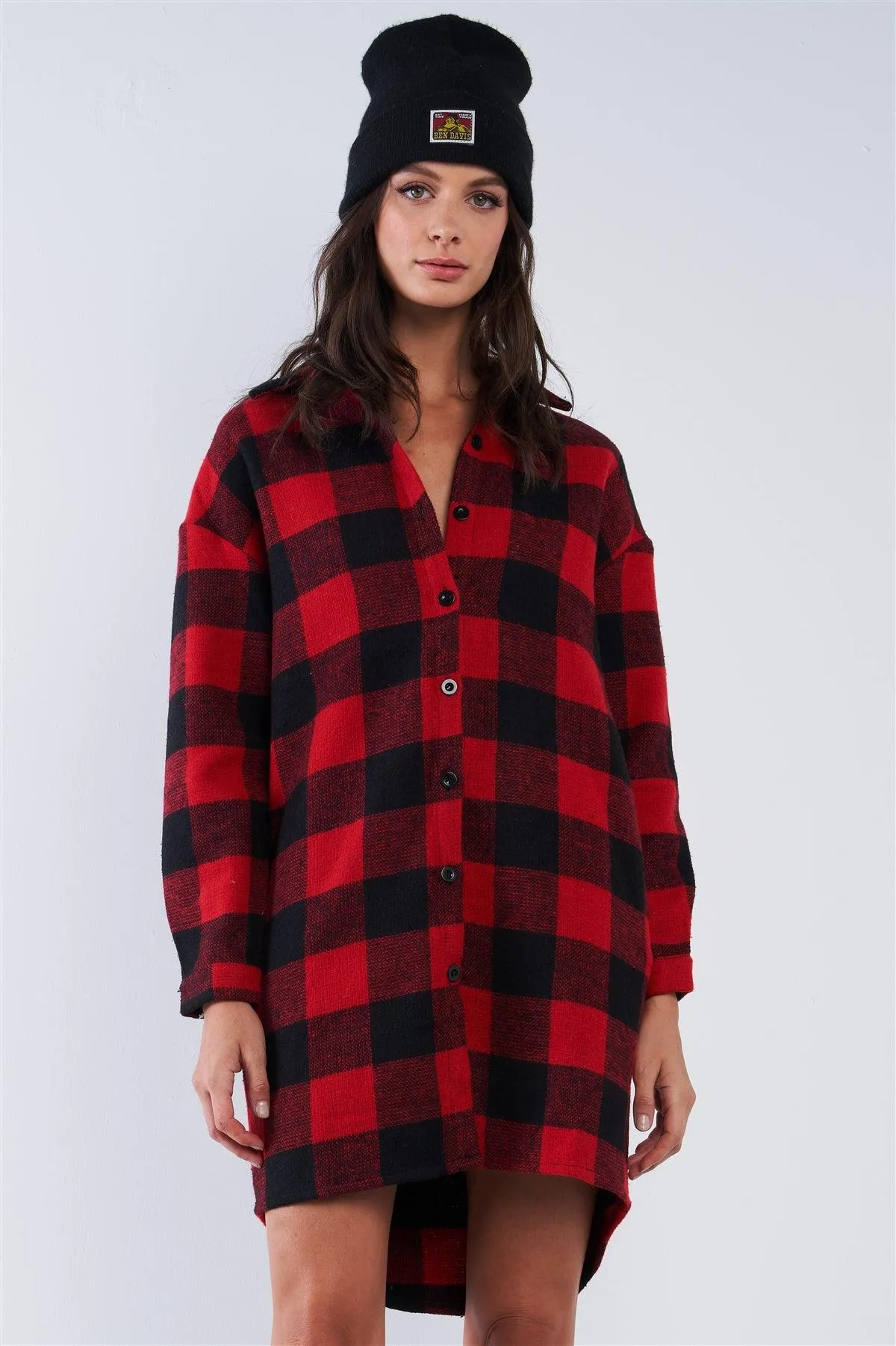 Asymmetrical Cotton Checkered Long Sleeve Button Down Shacket Jacket