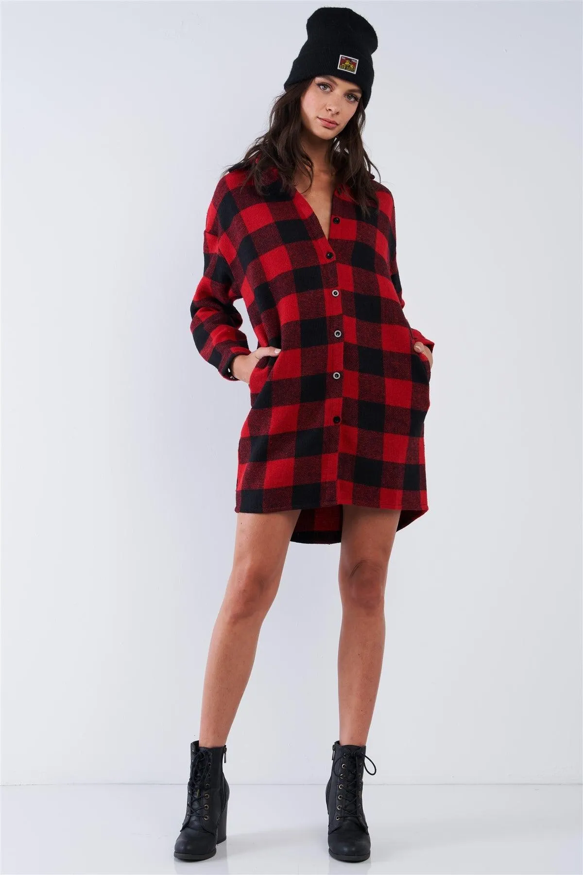 Asymmetrical Cotton Checkered Long Sleeve Button Down Shacket Jacket