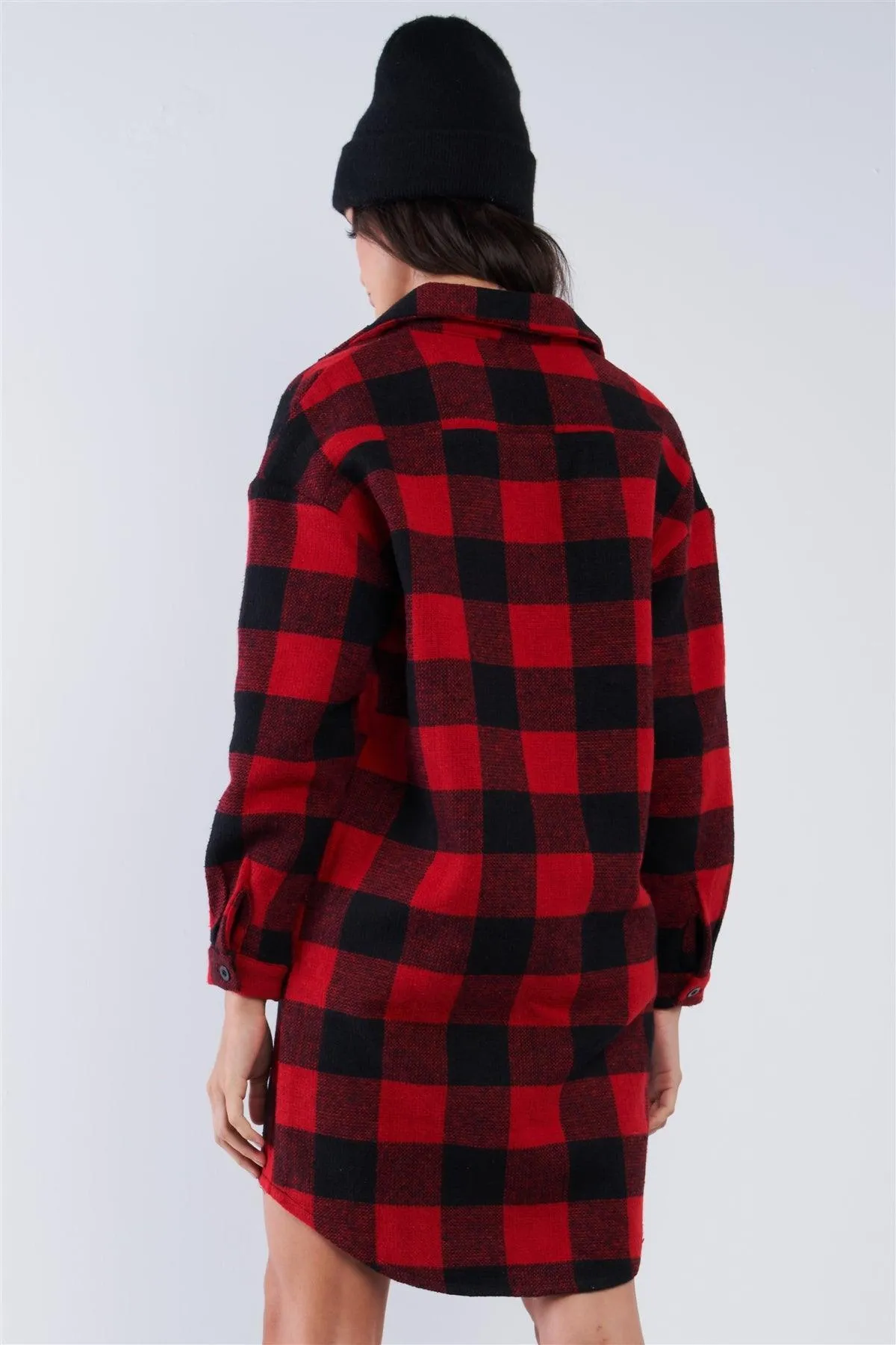 Asymmetrical Cotton Checkered Long Sleeve Button Down Shacket Jacket