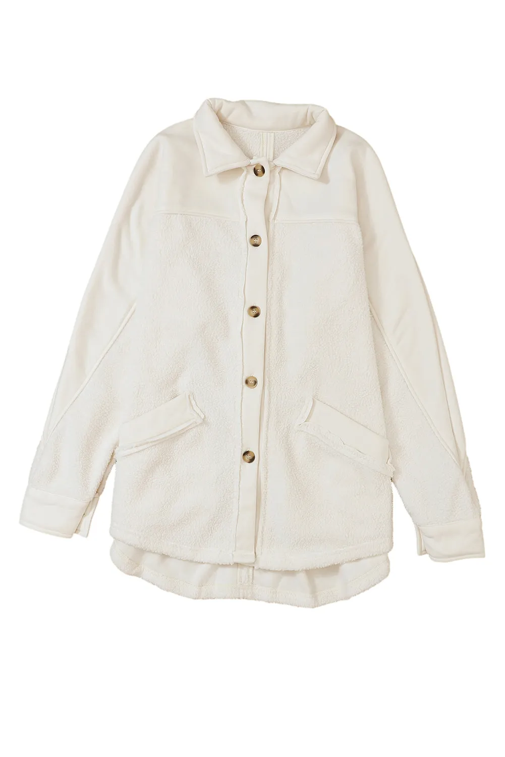 Beige Button-Up Stitching Pocket Raw Hem Shacket