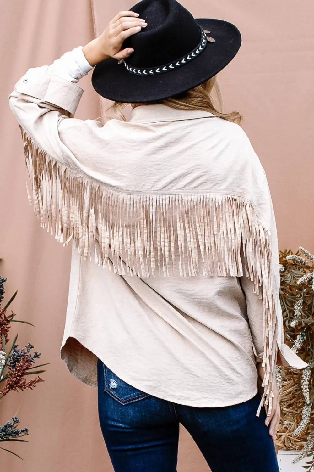 Beige Fringe Back Detailed Button Down Shacket