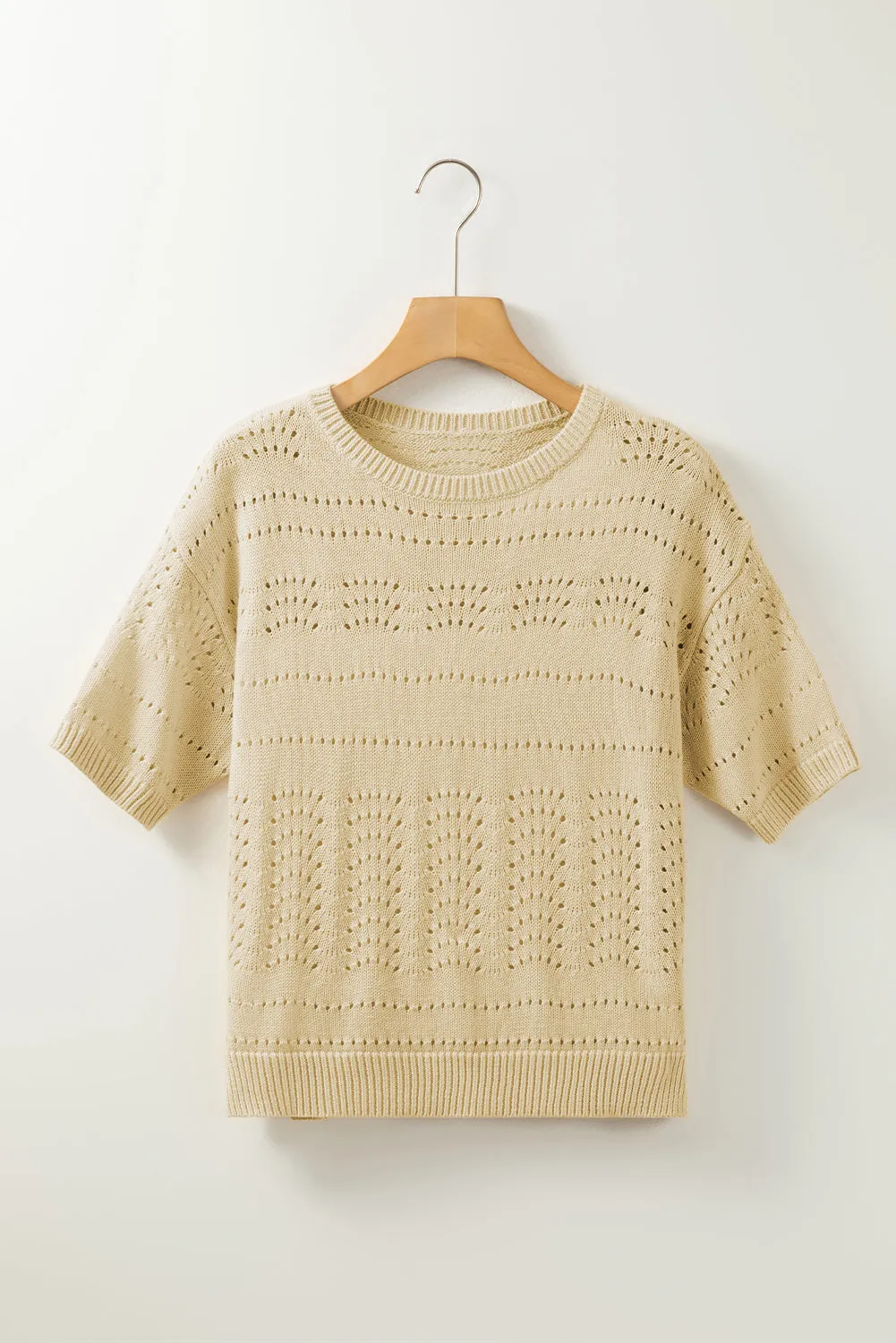 Beige Knitted Cropped Short Sleeve Sweater with Hollow Out Detail