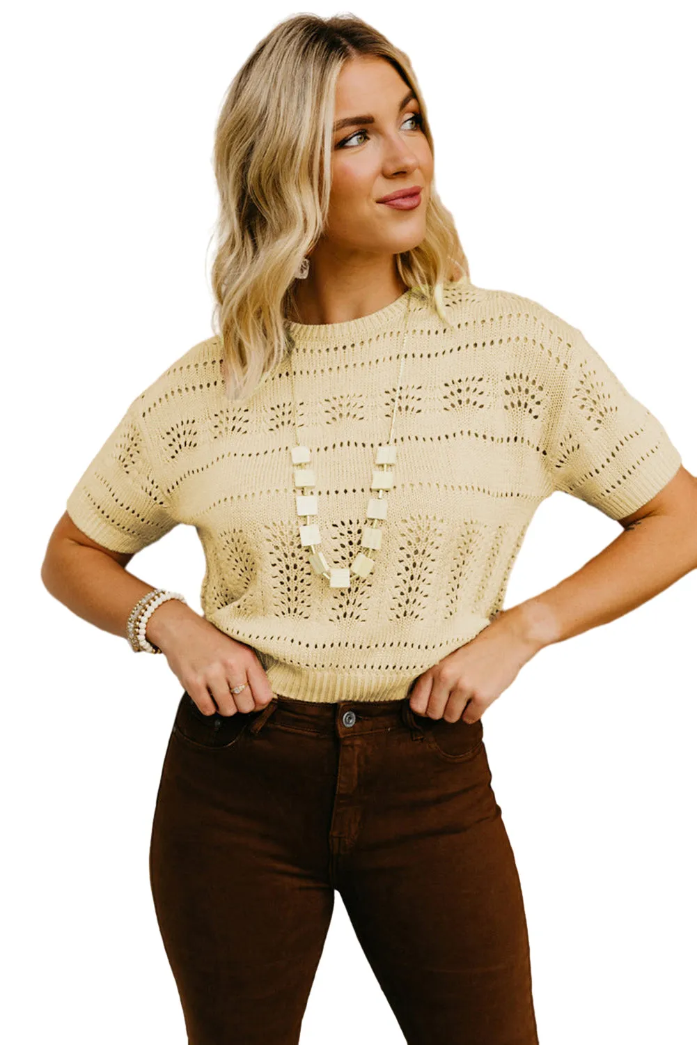 Beige Knitted Cropped Short Sleeve Sweater with Hollow Out Detail