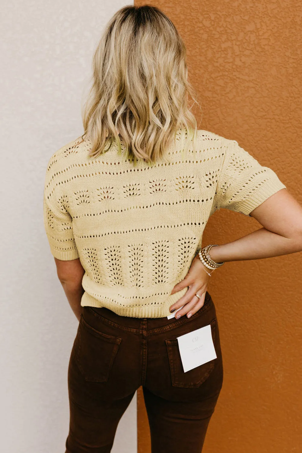 Beige Knitted Cropped Short Sleeve Sweater with Hollow Out Detail