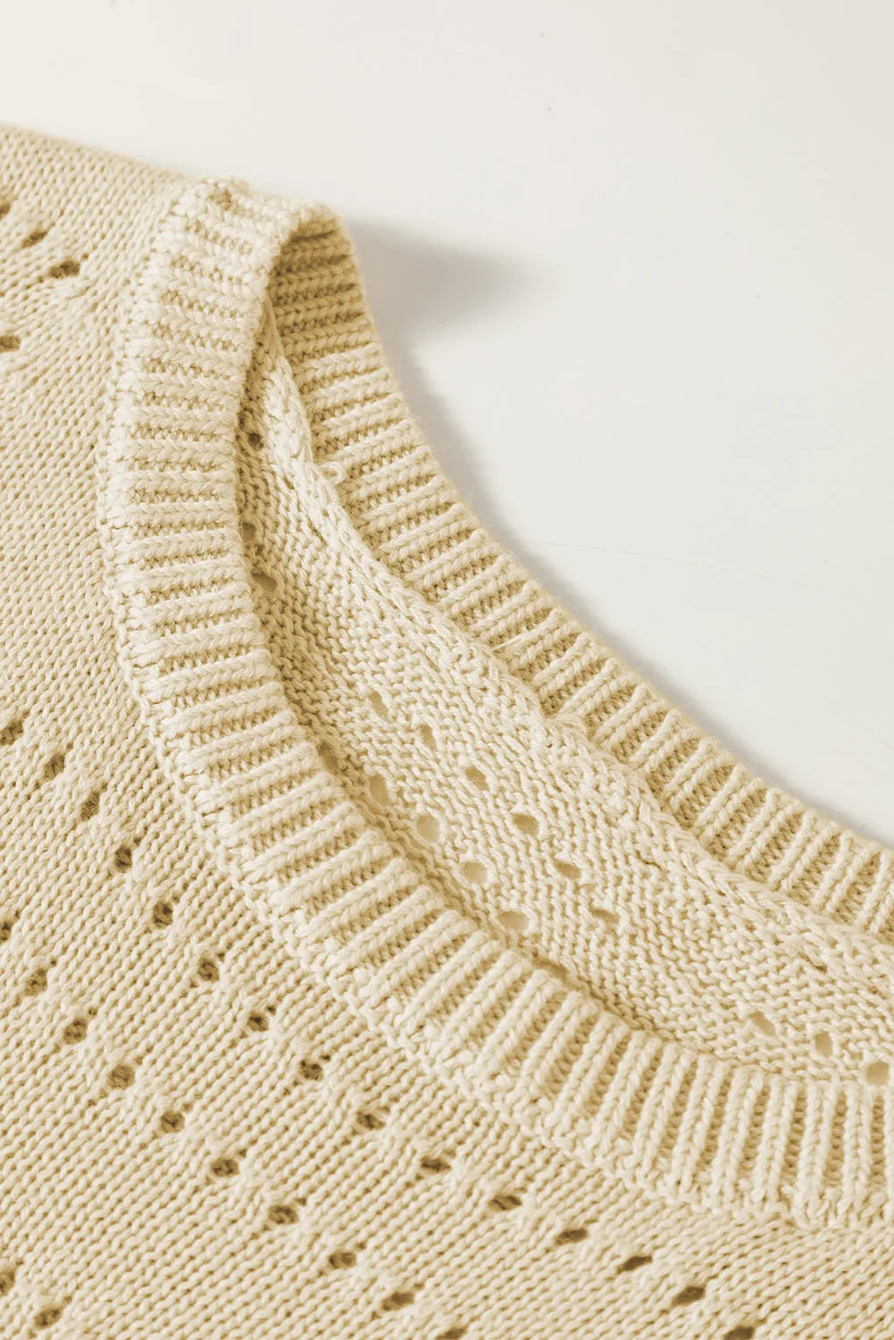 Beige Knitted Cropped Short Sleeve Sweater with Hollow Out Detail