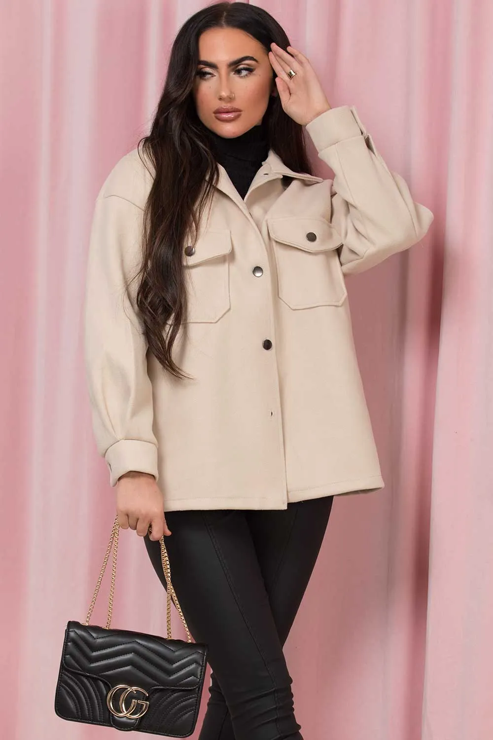 Beige Shacket With Front Pockets