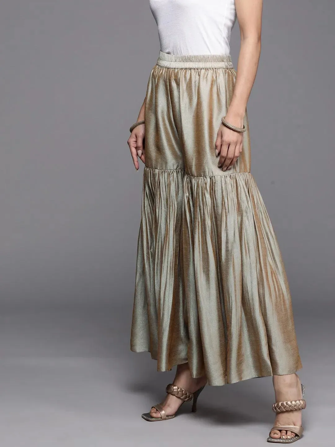 Beige Solid Silk Palazzos