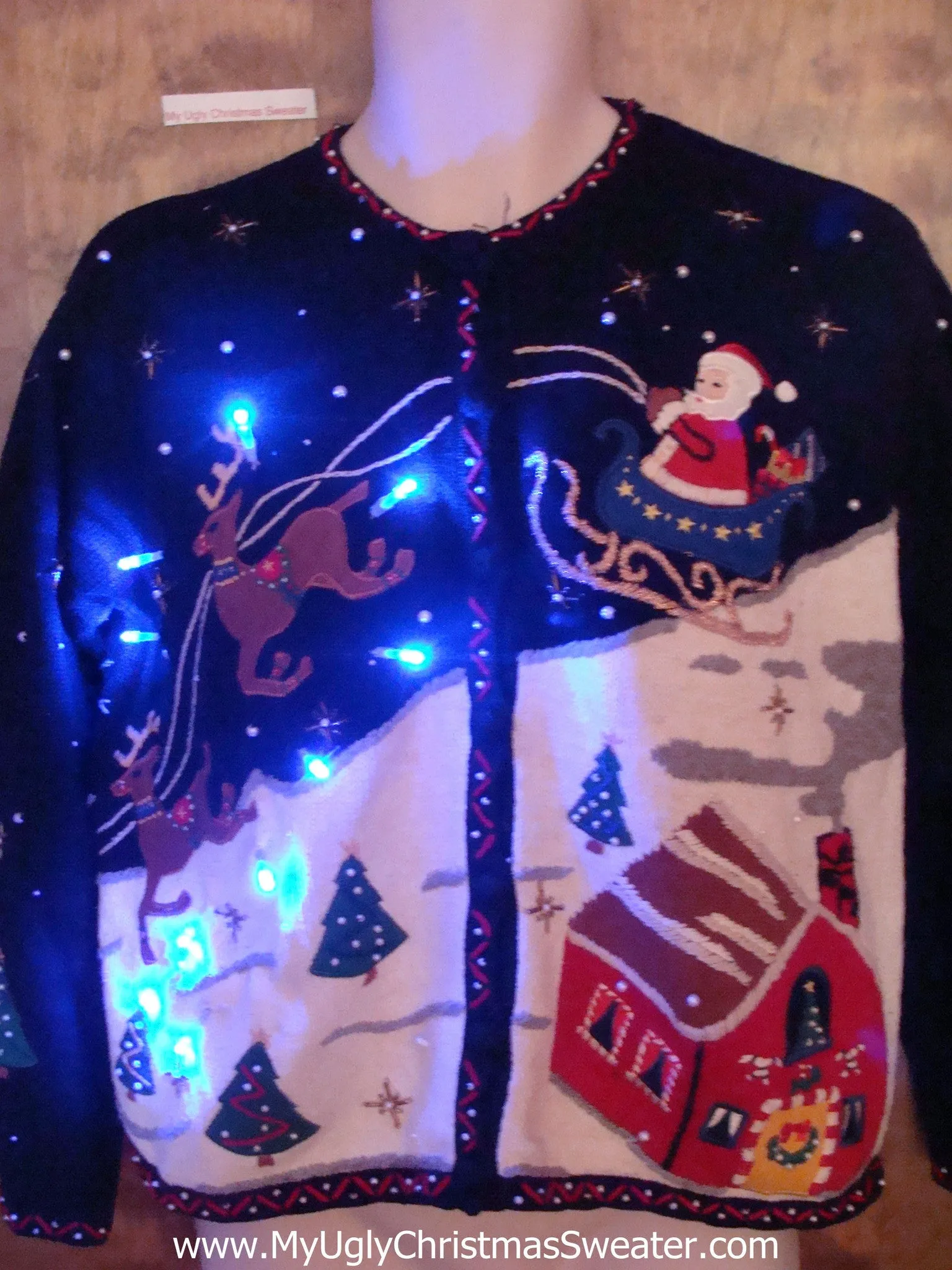 Best 2sided Flying Reindeer Tacky Xmas Sweater with Lights