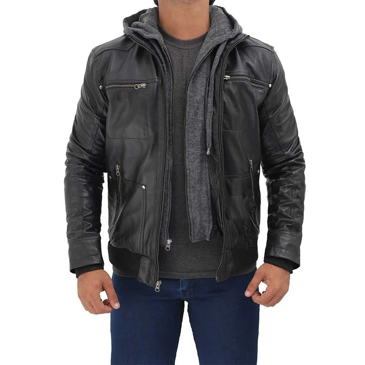 Black Hooded Real Leather Jacket