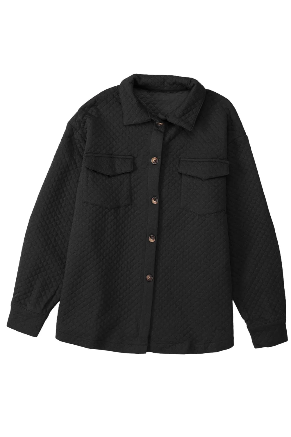 Black Lattice Texture Retro Flap Pocket Button Quilted Shacket