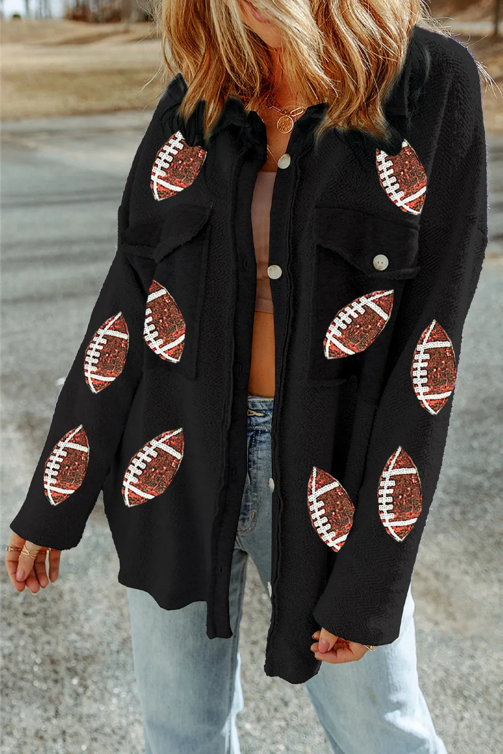 Black Sequined Rugby Flap Pockets Buttoned Shacket