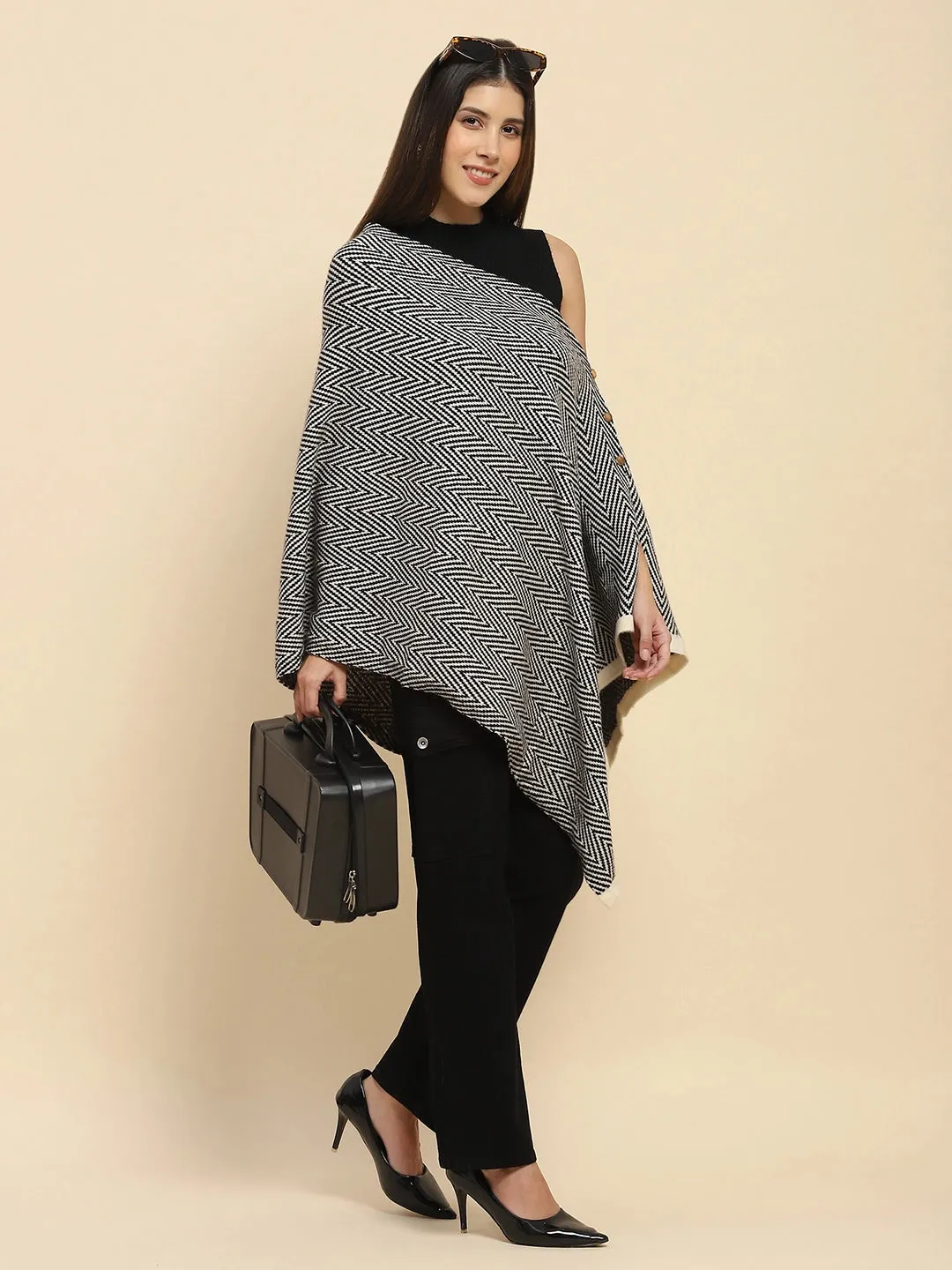 Black Viscose Blend  Knitted Loose Fit Cape/Shawl