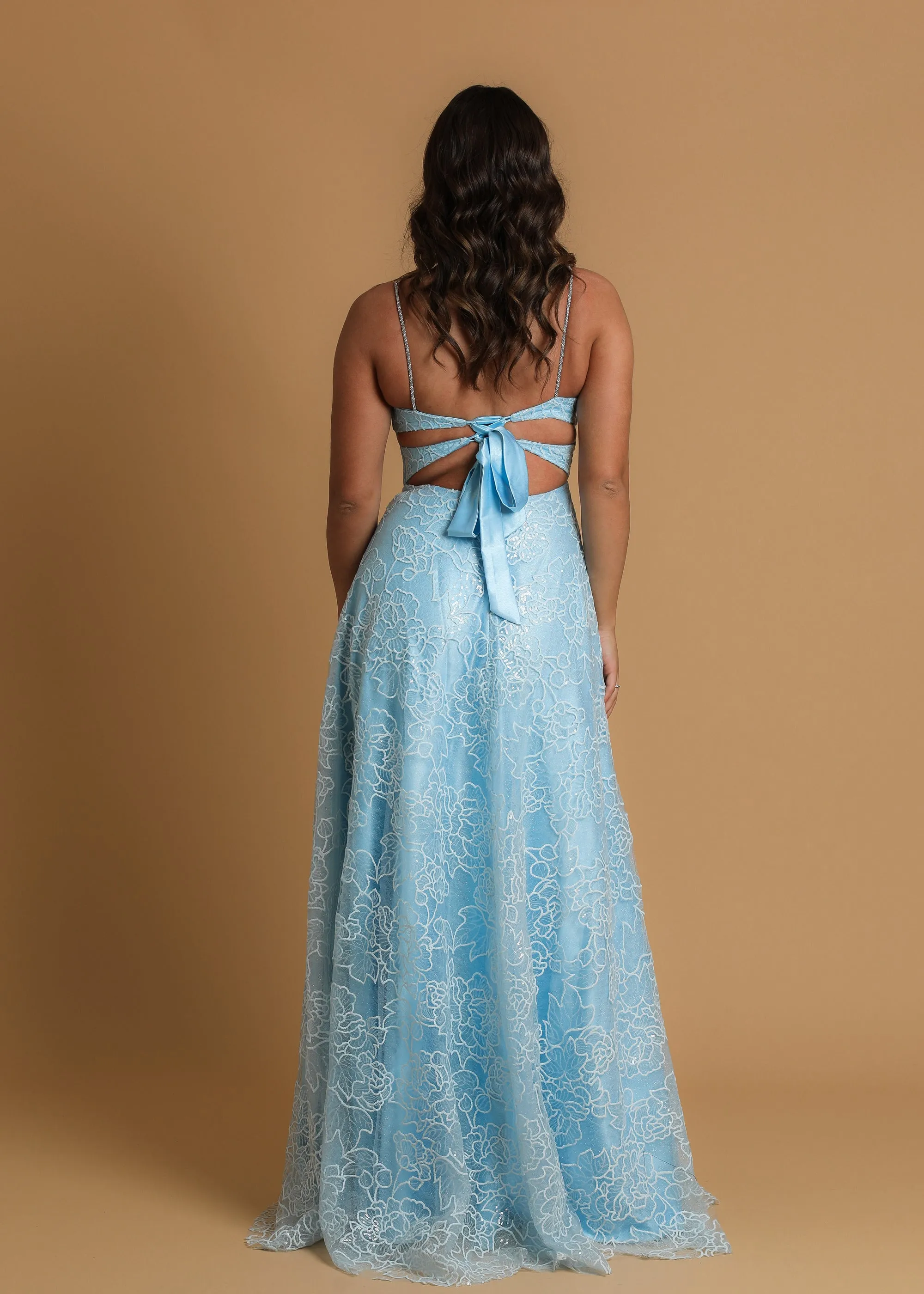 blue accent straight neck line with flowy skirt