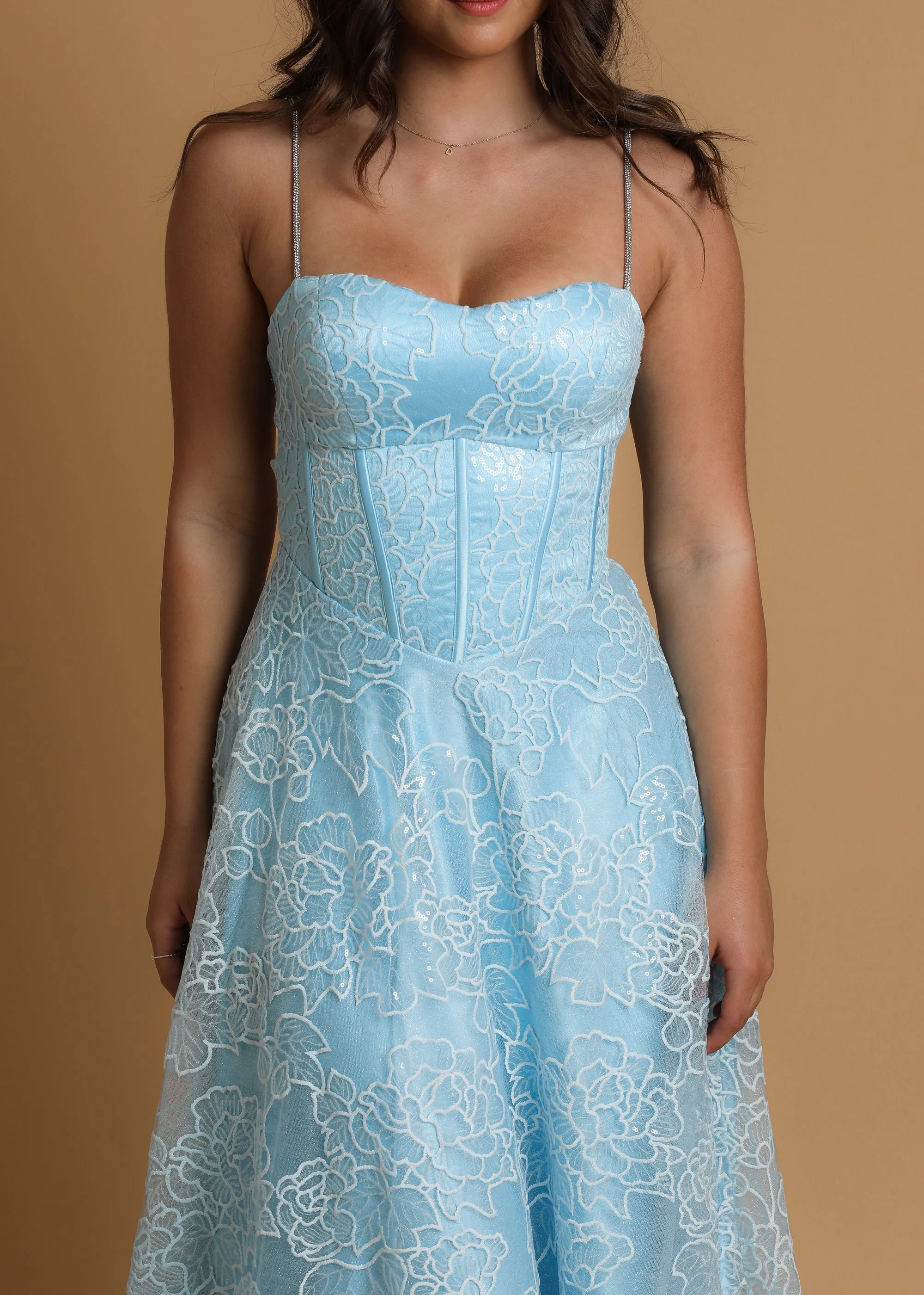 blue accent straight neck line with flowy skirt