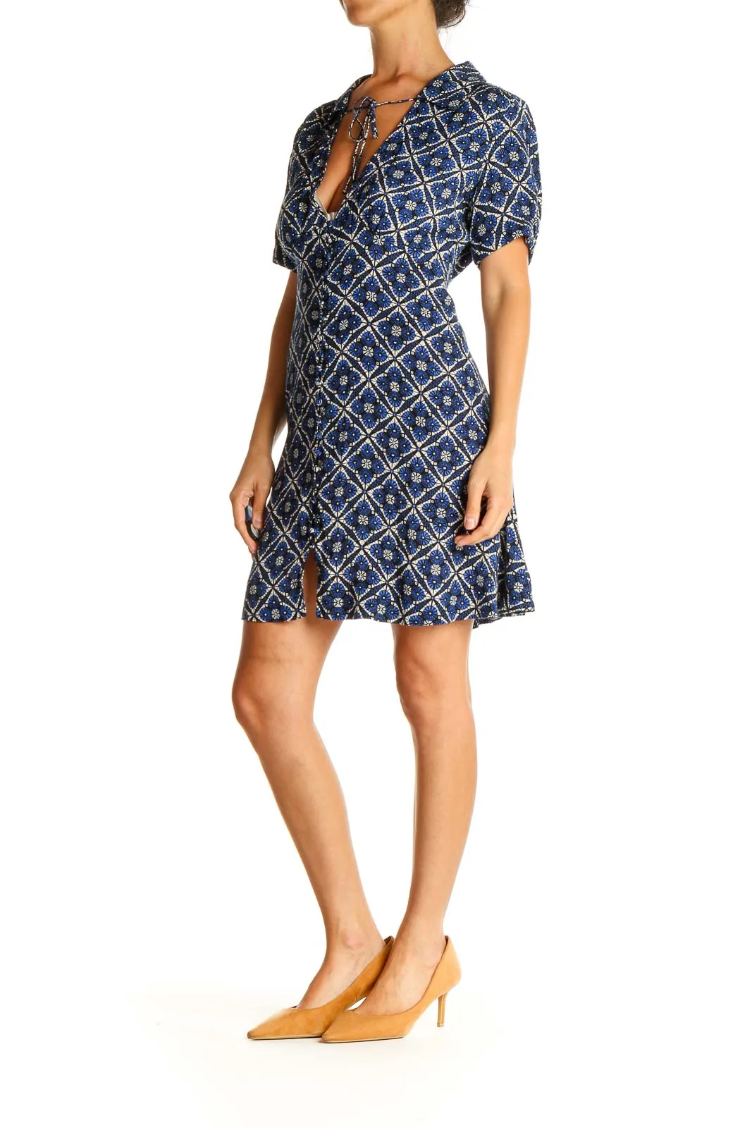 Blue Geometric Print Short Sleeve Dress