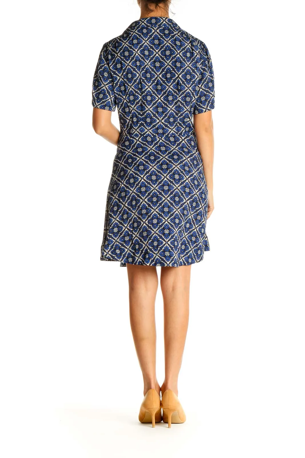 Blue Geometric Print Short Sleeve Dress