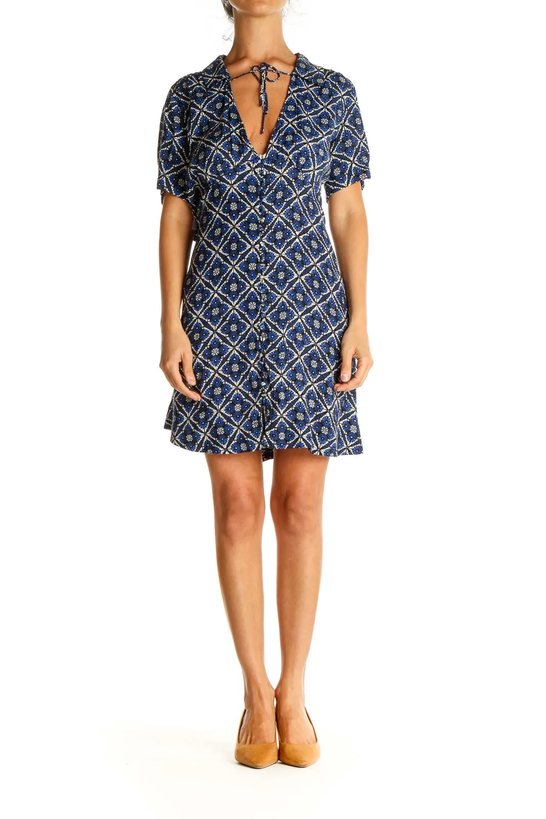 Blue Geometric Print Short Sleeve Dress