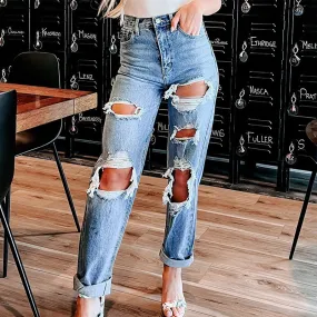 Blue High Waist Ripped Straight Leg Denim Jeans