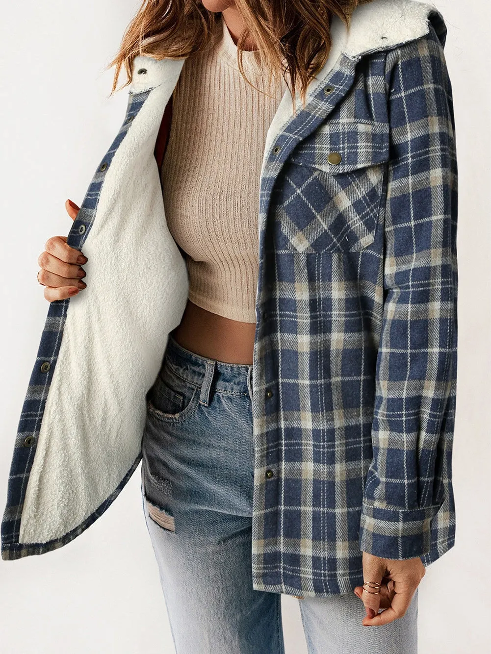 Blue Tartan Sherpa-Lined Hooded Shacket