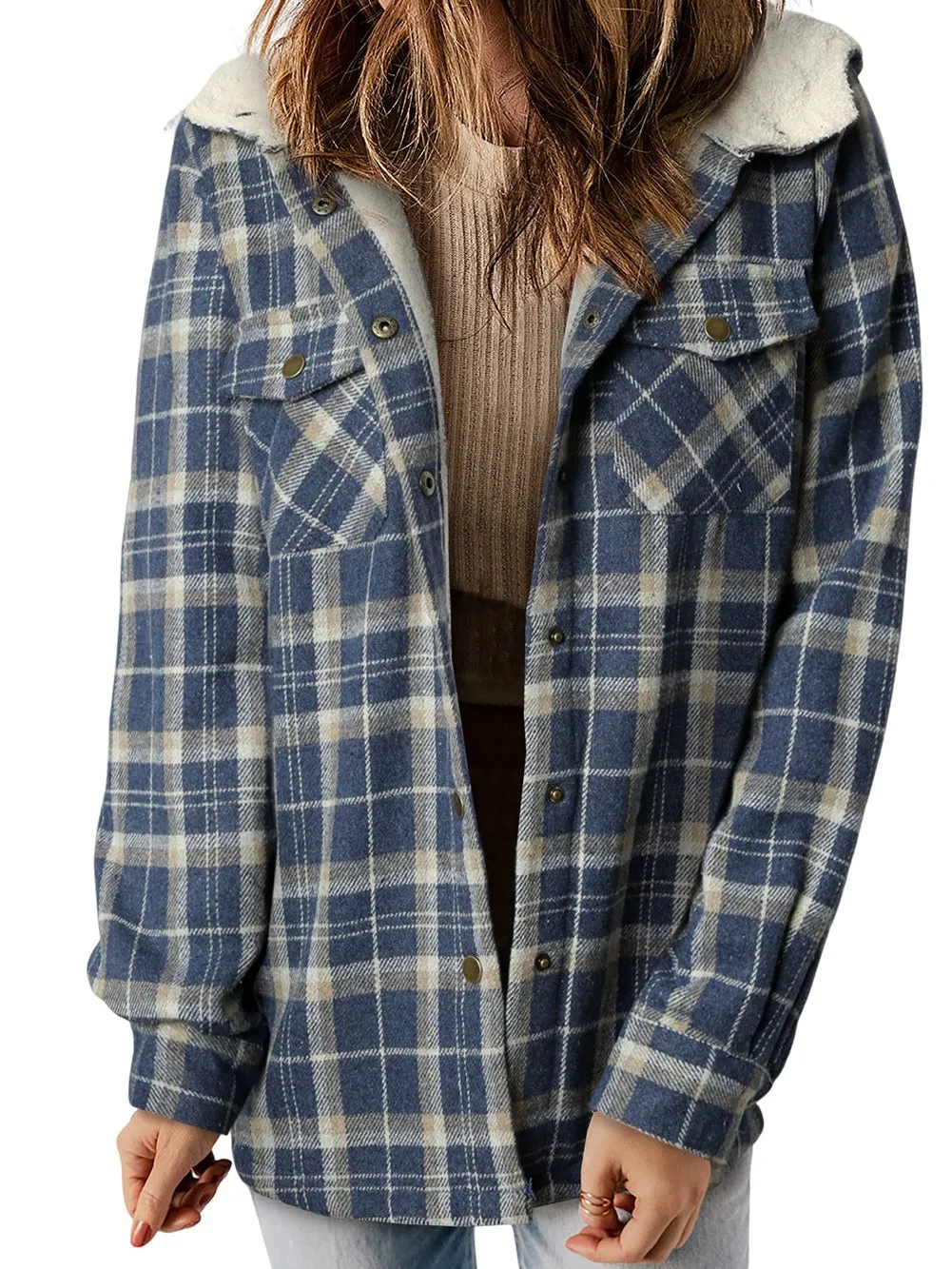 Blue Tartan Sherpa-Lined Hooded Shacket