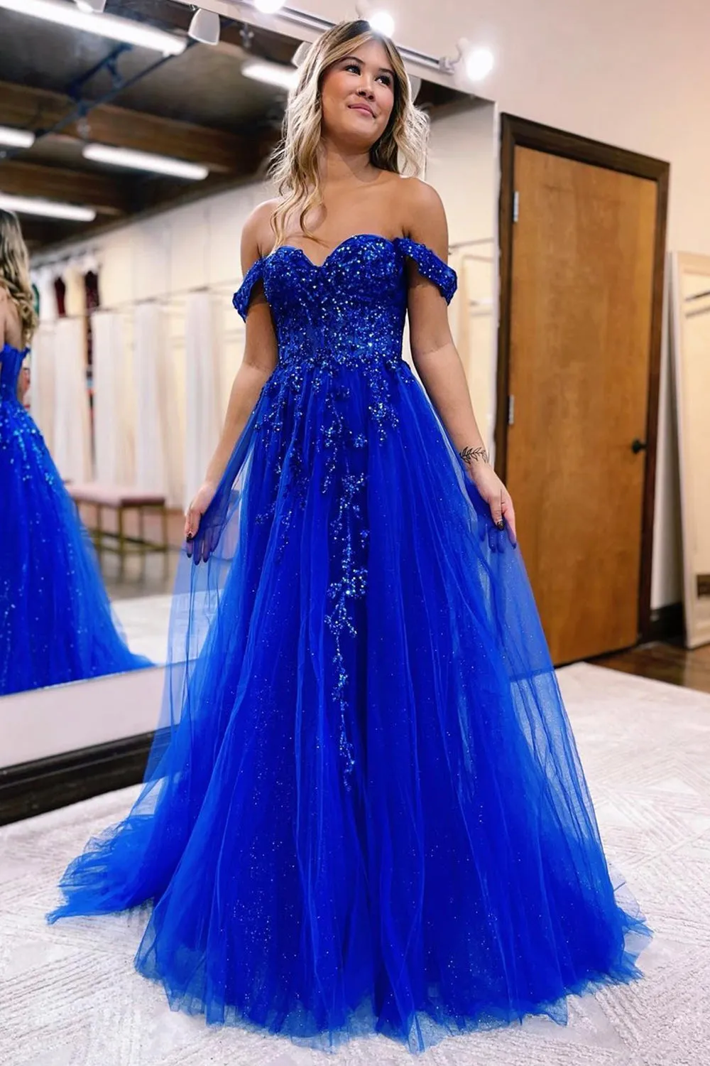 Blue Tulle Lace Long Prom Dress, Off the Shoulder Evening Dress