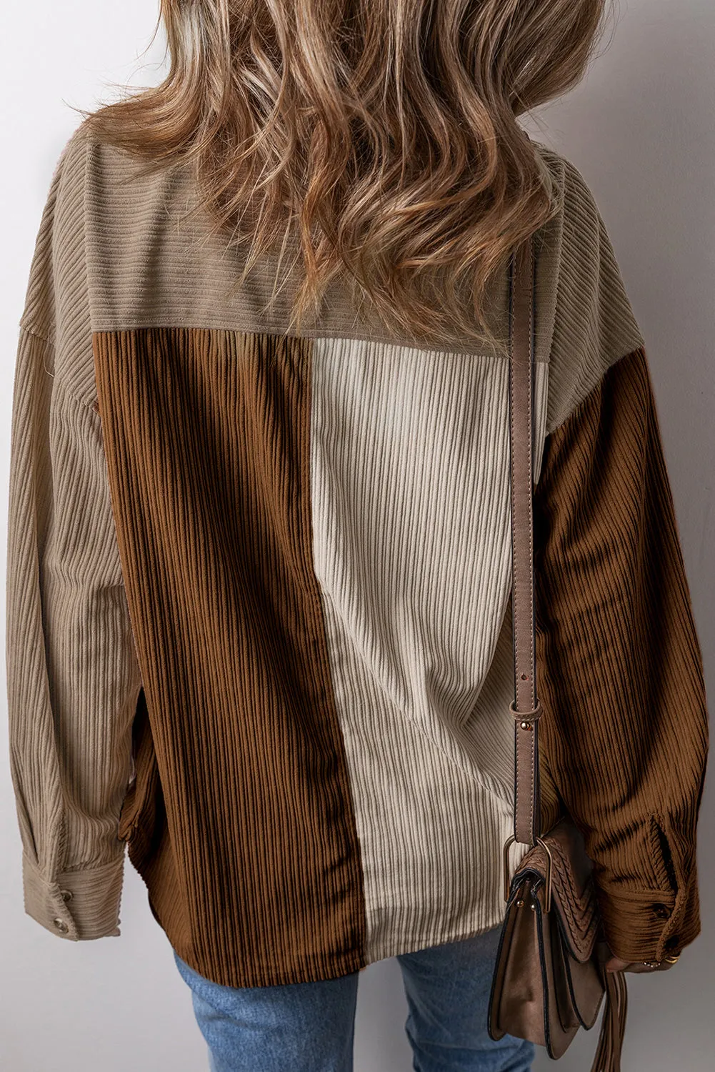 Brown Colour Block Chest Pockets Buttoned Corduroy Shacket