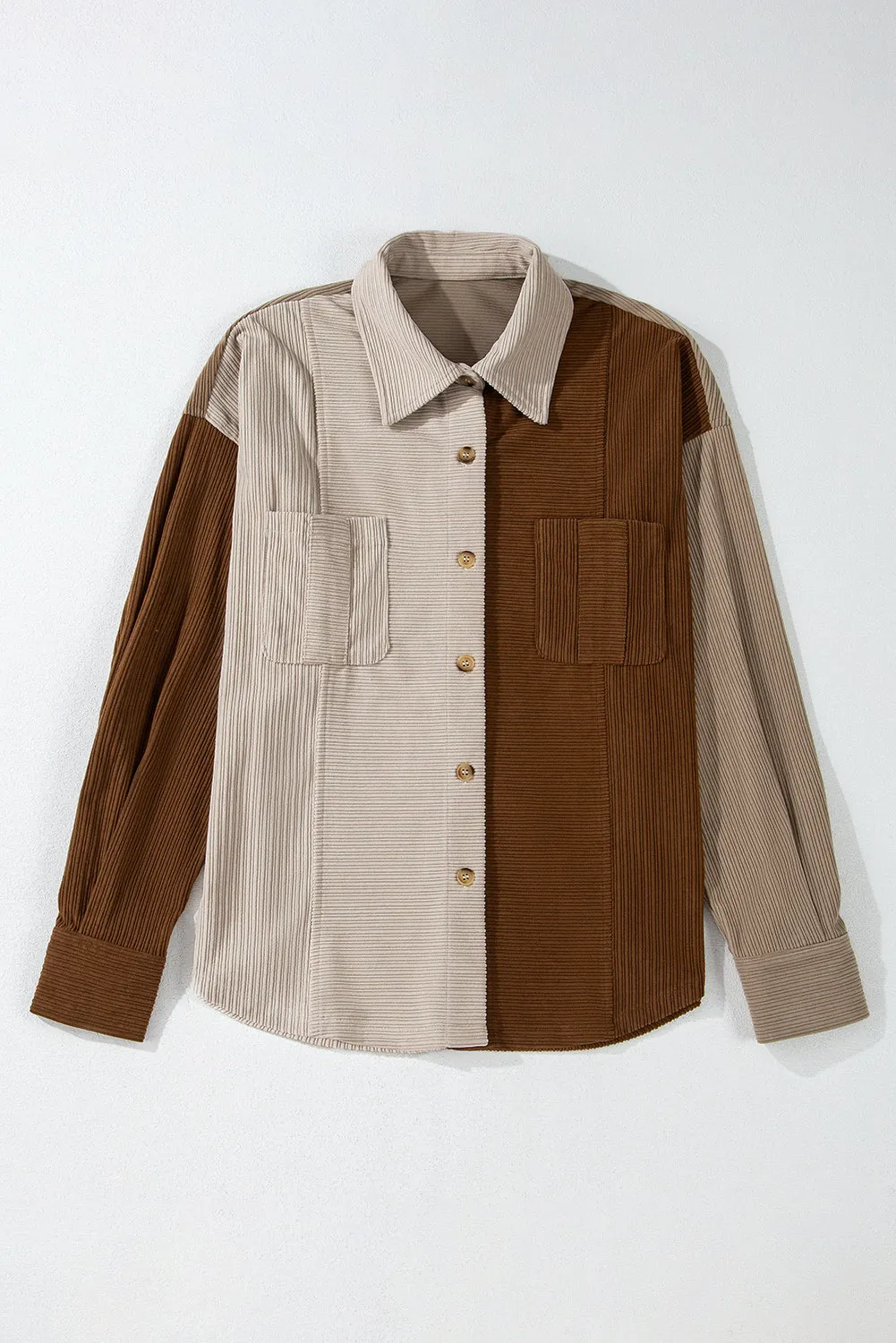 Brown Colour Block Chest Pockets Buttoned Corduroy Shacket