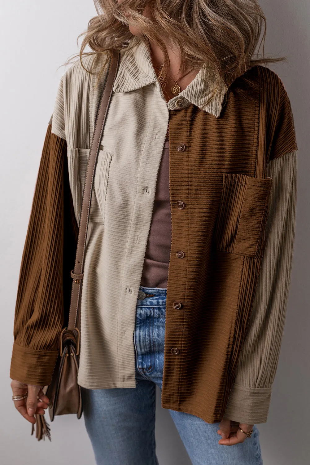 Brown Colour Block Chest Pockets Buttoned Corduroy Shacket