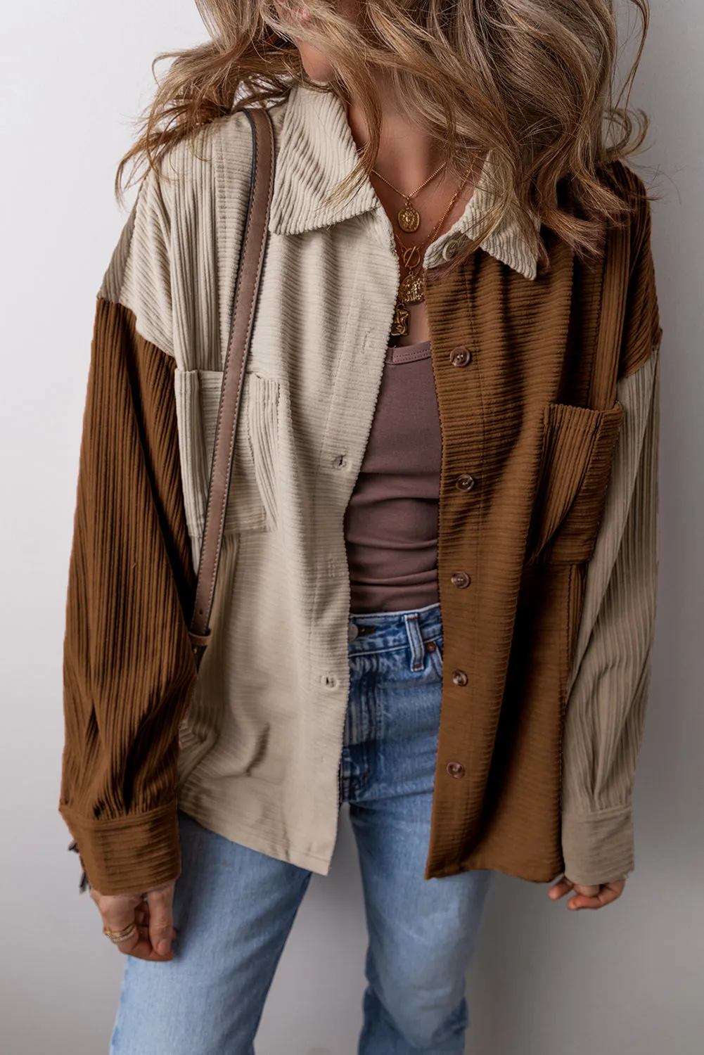 Brown Colour Block Chest Pockets Buttoned Corduroy Shacket