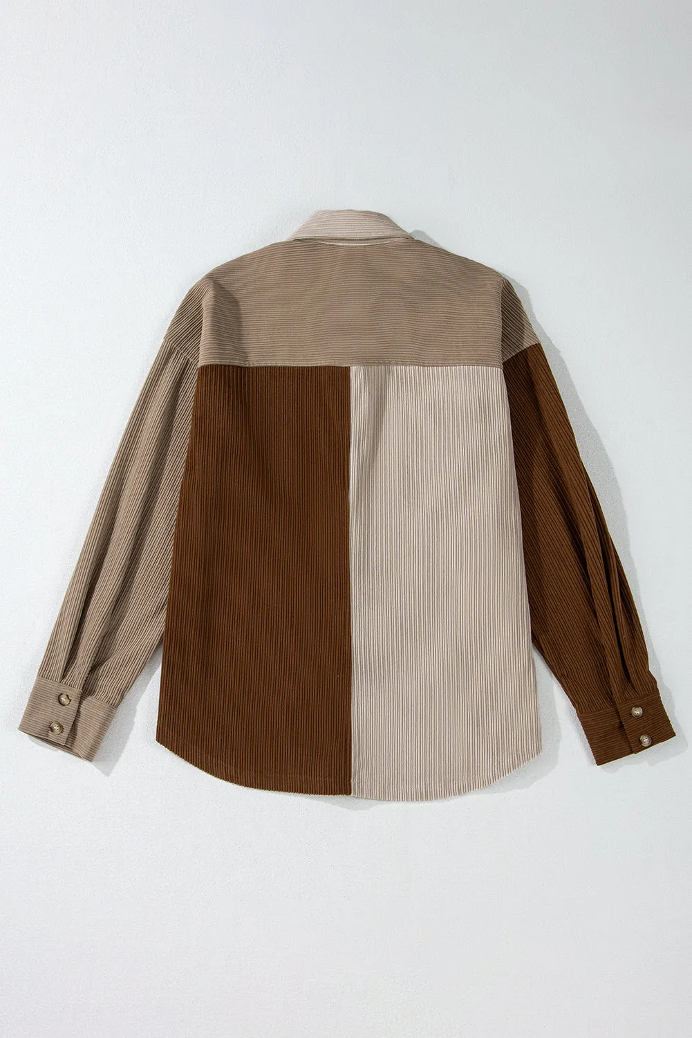 Brown Colour Block Chest Pockets Buttoned Corduroy Shacket