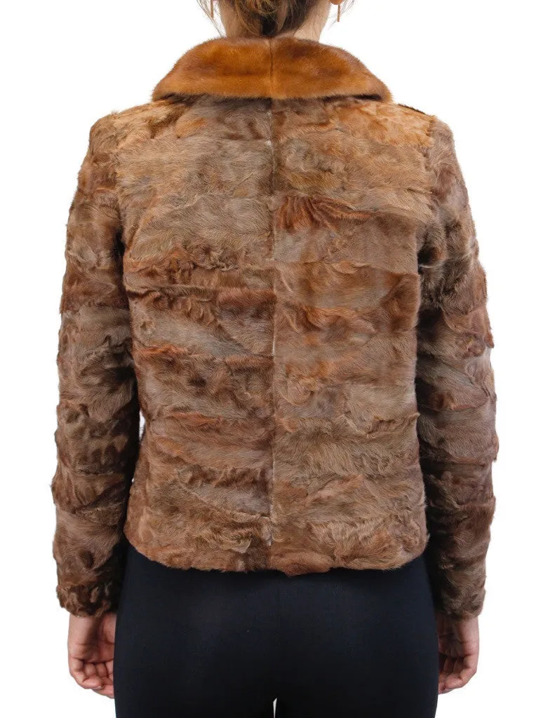 BROWN DYED BROADTAIL SECTIONS FITTED DOUBLE-BREASTED JACKET W/ WHISKEY MINK FUR COLLAR