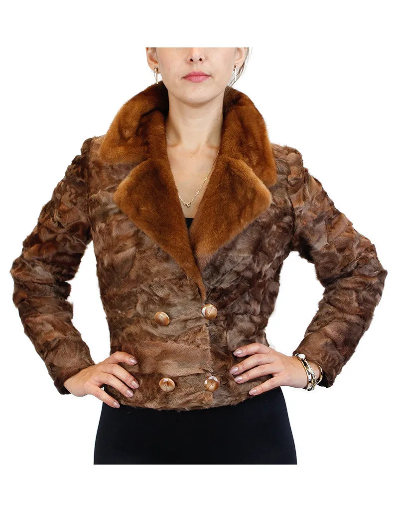 BROWN DYED BROADTAIL SECTIONS FITTED DOUBLE-BREASTED JACKET W/ WHISKEY MINK FUR COLLAR