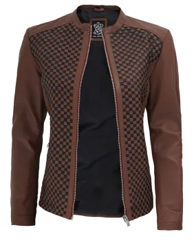 Brown Textured Leather Jacket - Women's Slim Fit Jacket