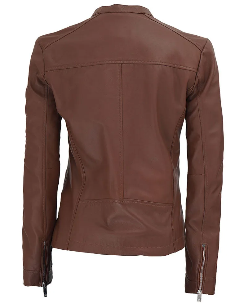 Brown Textured Leather Jacket - Women's Slim Fit Jacket