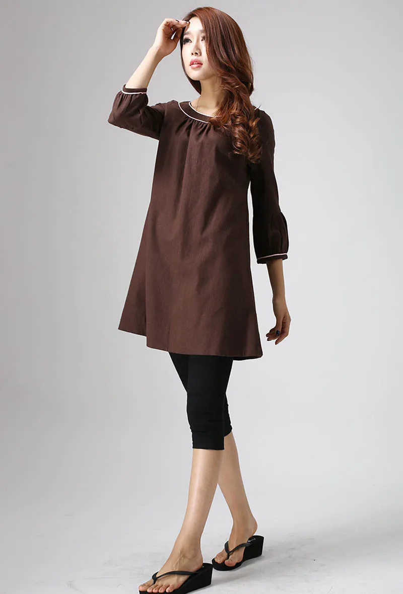 Brown tunic dress made of linen 0825#