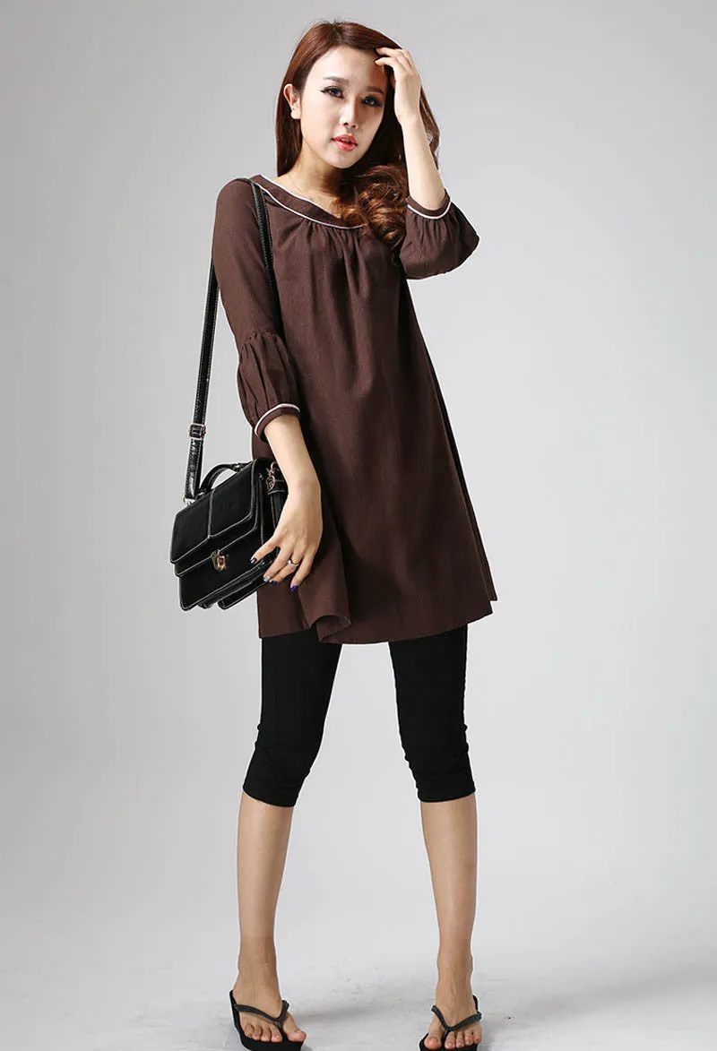 Brown tunic dress made of linen 0825#