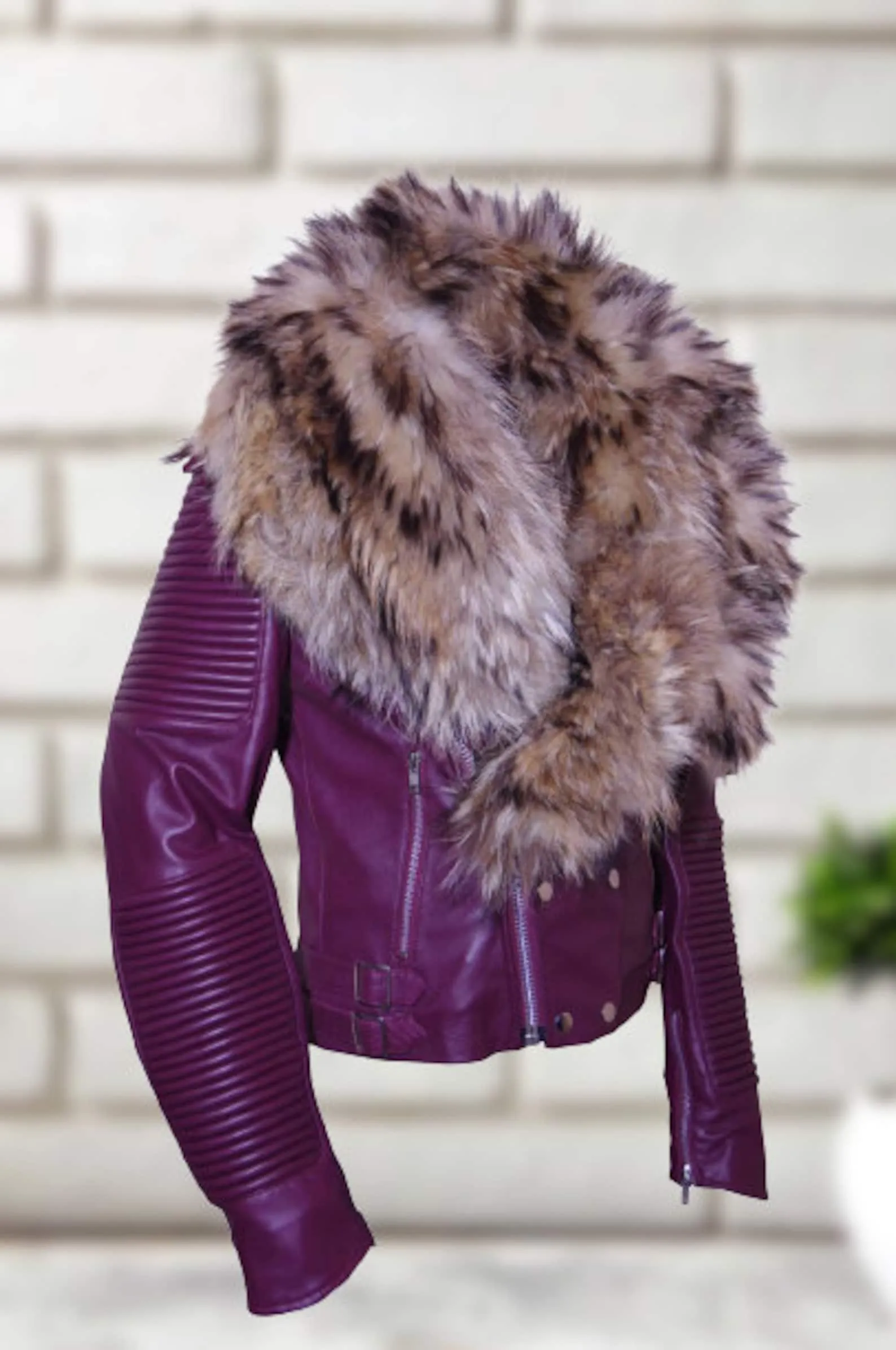 Burgundy Fox Fur Collar Women's Biker Leather Jacket