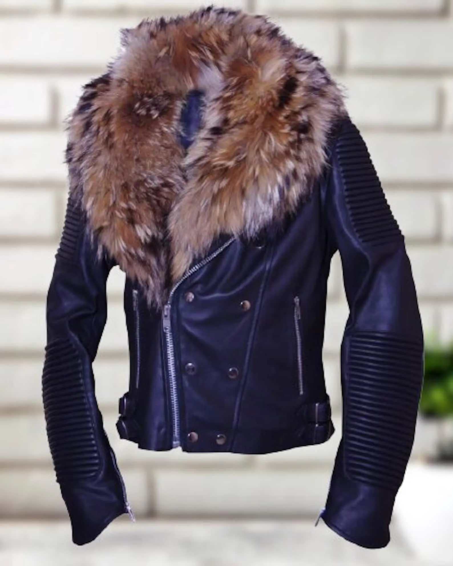 Burgundy Fox Fur Collar Women's Biker Leather Jacket